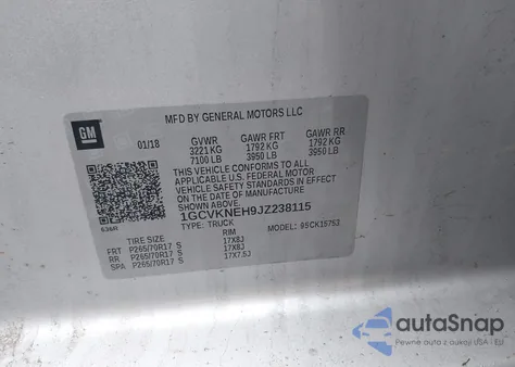 2018 Chevrolet Silverado 1500 Wt z USA, uszkodzony, nr VIN 1GCVKNEH9JZ238115